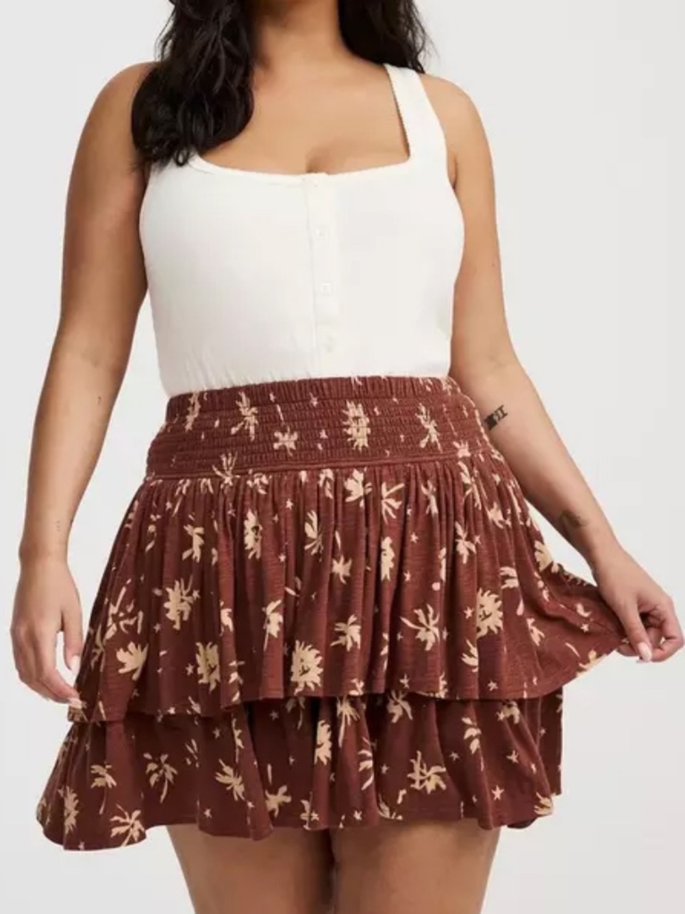 Vintage Slub Smocked Tiered Skort in Sun Palms Bracken Brown Size 1X NWT